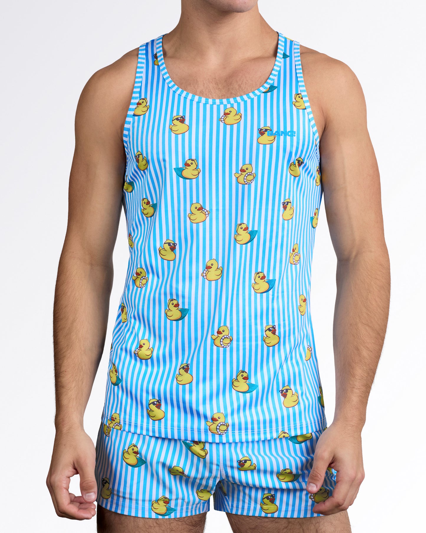 BANG Ducks Just Wanna Have Fun Gym Tank Top — full body front view showing the tank styled with matching striped shorts for a beachwear set.