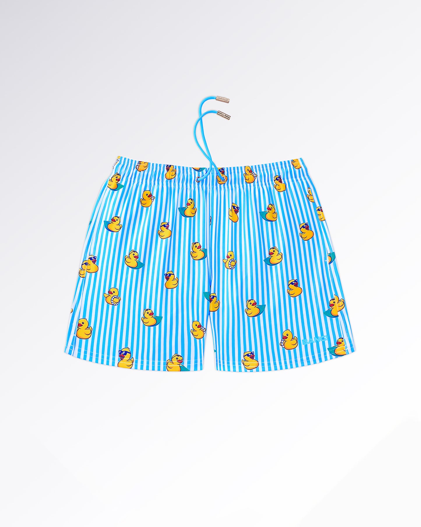 BANG! Miami Ducks Just Wanna Have Fun Resort Shorts — flat lay of blue-and-white striped resort shorts featuring playful yellow duck graphics in a fun summer-inspired print with relaxed drawstring styling.