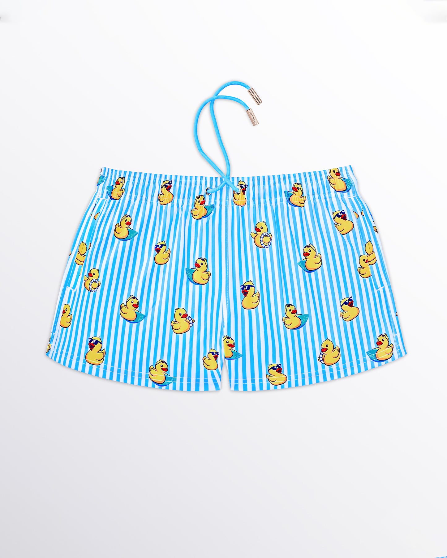 BANG! Miami Ducks Just Wanna Have Fun Show Shorts — flat lay of blue and white striped show shorts with playful yellow duck print and retro summer-inspired design.
