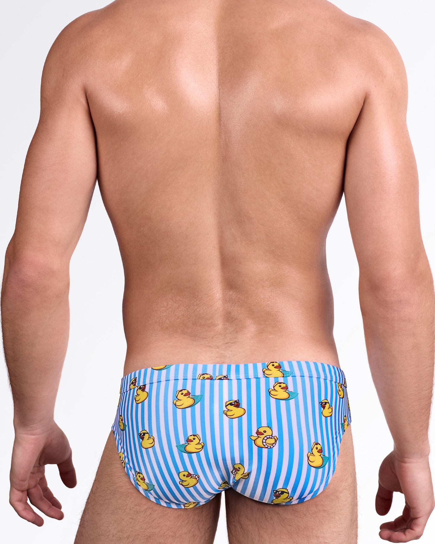 BANG Ducks Just Wanna Have Fun Swim Mini Brief — back view highlighting full rear coverage with allover rubber duck pattern over crisp striped background.