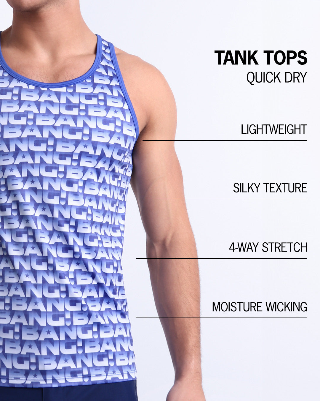 Infographic explaining how lightweight, silky texture, 4-way stretch, moistute wicking material of the BANG! clothes fitness tank top.