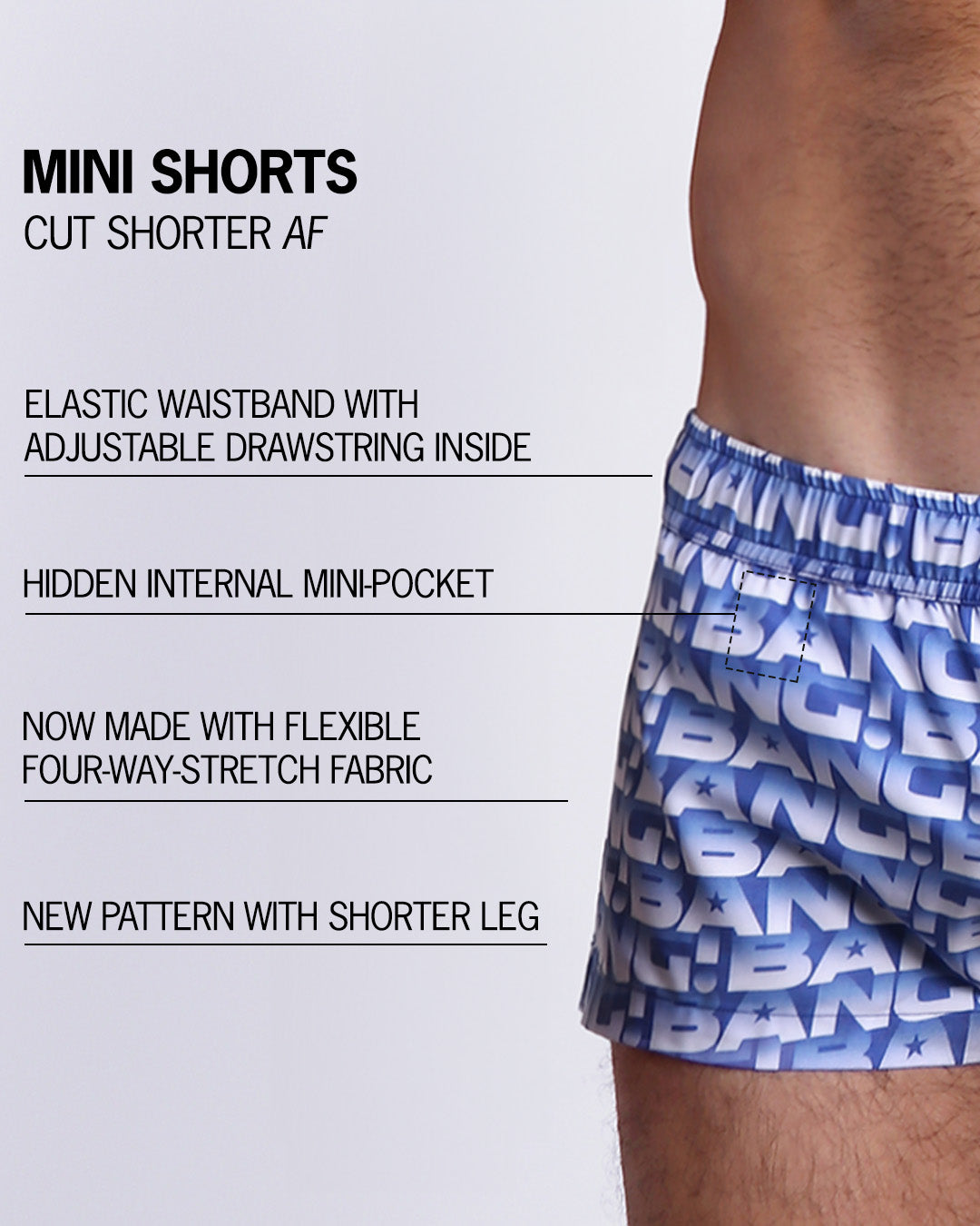 Infographic explaining the many features of Bang!'s Mini Shorts. These MINI SHORTS have elastic waistband with adjustable drawstring inside, hidden internal mini-pocket, 4-way stretch fabric, and are quad friendly with shorter leg length.