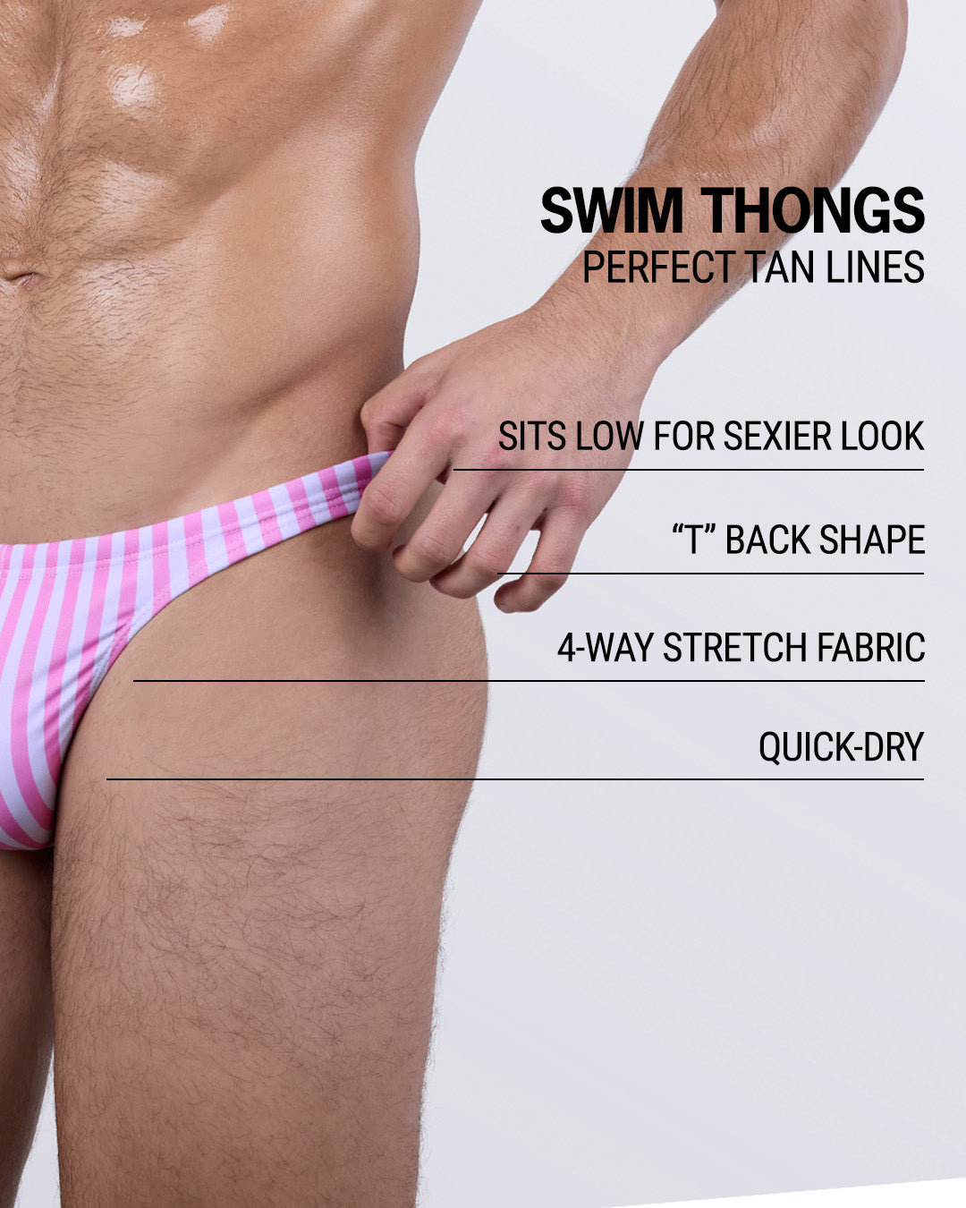 Close-up of FAST LINES (CHILL PINK) thong swimsuit with features: sits low, quick-dry, 4-way stretch, and minimal tan line coverage.