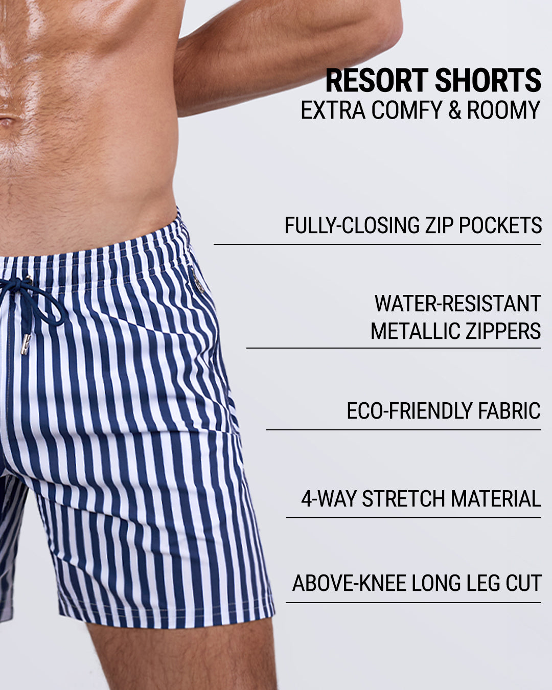Detailed close-up of the FAST LINES (NAVY BLUE) Resort Shorts by DC2 Miami, highlighting key features: roomy, above-the-knee leg cut, elastic waistband with an adjustable drawstring, fully-closing zip pockets, water-repellent fabric, metallic water-resistant zippers, and premium four-way stretch material.