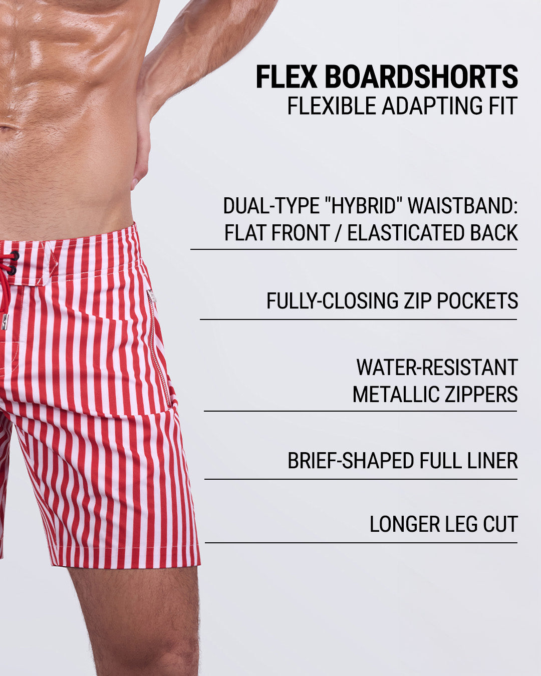 Detailed close-up of the FAST LINES (RAPID RED) Flex Boardshorts by DC2 Miami, highlighting key features: dual-type "hybrid" waistband (flat front/elasticated back), fully-closing zip pockets, water-resistant metallic zippers, brief-shaped full liner, and a long-leg cut for enhanced mobility and style.