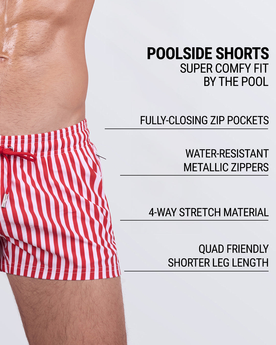 FAST LINES (RAPID RED) poolside shorts called out for their comfort-focused features: zip pockets, water-resistant zippers, 4-way stretch material, and quad-friendly short length in high-contrast red and white.