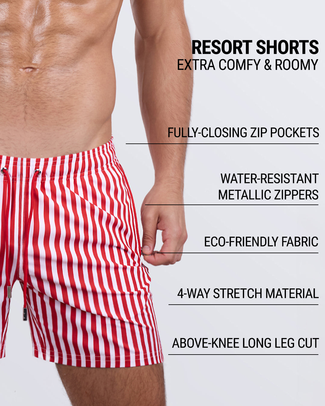 Detailed close-up of the FAST LINES (RAPID RED) Resort Shorts by DC2 Miami, highlighting key features: roomy, above-the-knee leg cut, elastic waistband with an adjustable drawstring, fully-closing zip pockets, water-repellent fabric, metallic water-resistant zippers, and premium four-way stretch material.