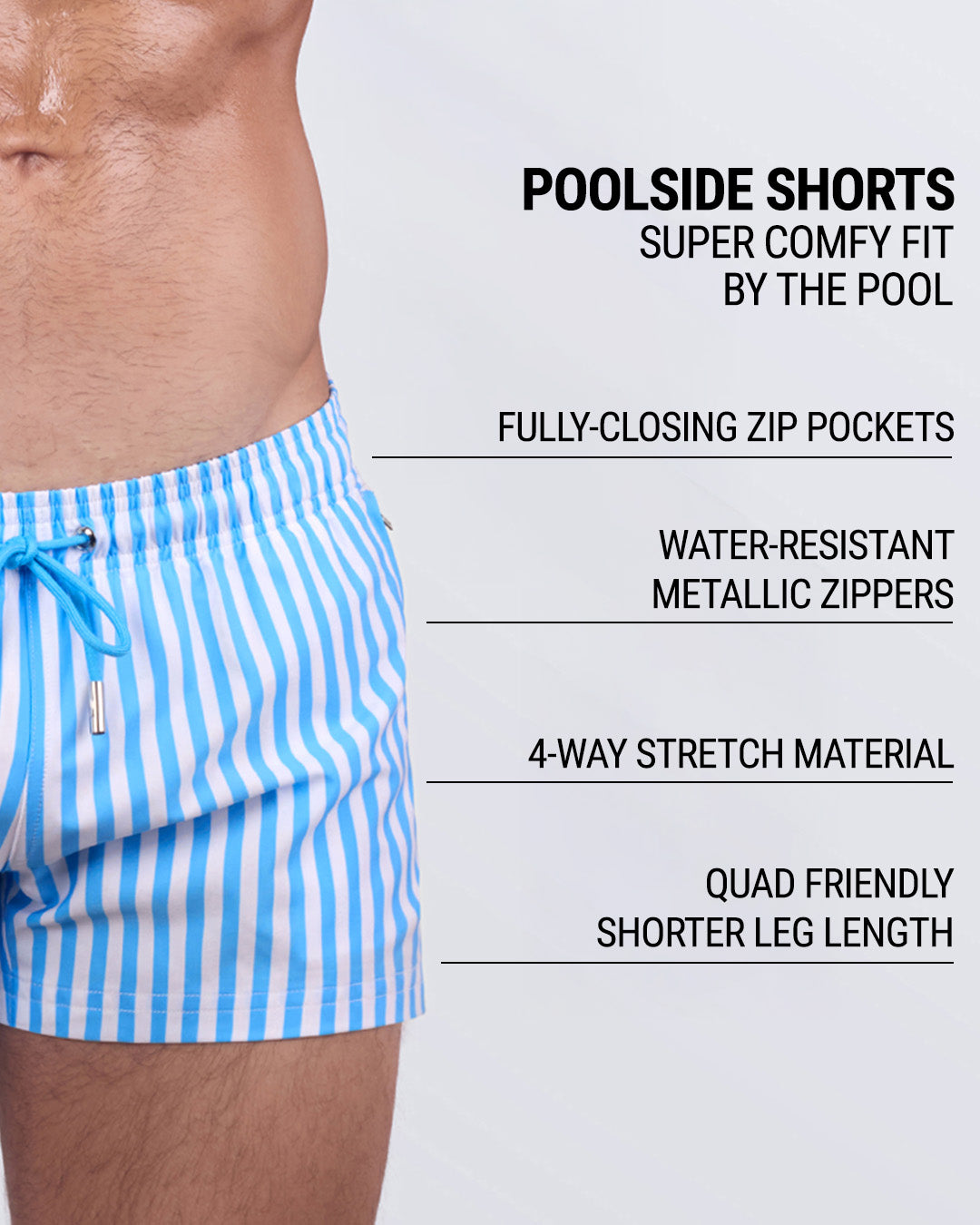 FAST LINES (SKY BLUE) poolside shorts shown with feature callouts: zip-secure pockets, water-repellent metallic zippers, 4-way stretch, and leg-length that hugs the thighs.
