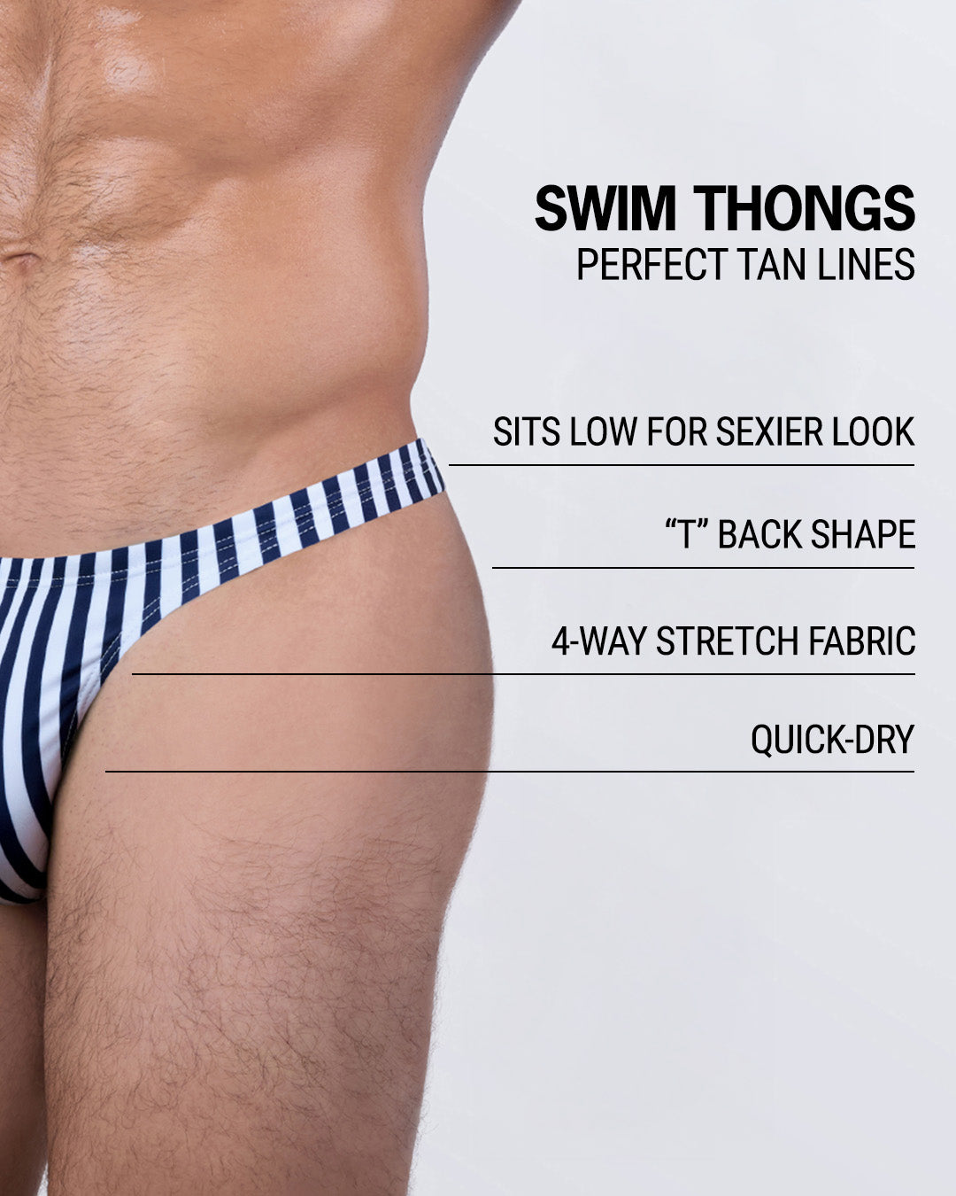 Close-up side detail of the FAST LINES swim thong highlighting its low-rise fit, quick-dry fabric, sexy back design, and ultra-lightweight feel. Engineered for both performance and style, ideal for bold beach days or private pool lounging.