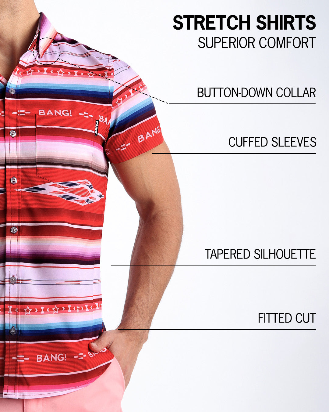 An infographic explaining the features of the men’s sleeveless Hawaiian Stretch Shirt. The shirt offers superior comfort, a fitted cut, tapered silhouette, cuffed sleeves, and a button-down collar.