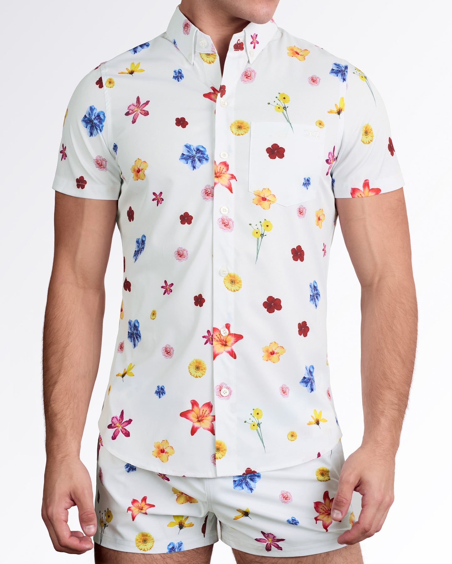 BANG! Flower Powers (Cream) Stretch Shirt — front styling view paired with matching shorts, emphasizing cohesive summer set and lightweight stretch fabric.