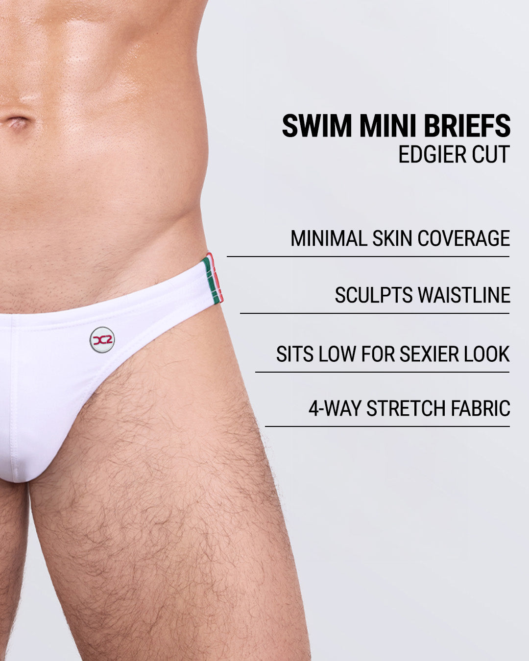 Infographic explaining the edgier cut of the Swim Mini Briefs. Features sculpt waitline, 4-way stretch fabric, sits low for sexier look, and has quick-dry material.