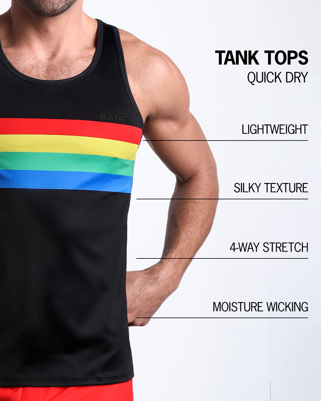 Infographic explaining how lightweight, silky texture, 4-way stretch, moisture wicking material of the BANG! clothes fitness tank top.