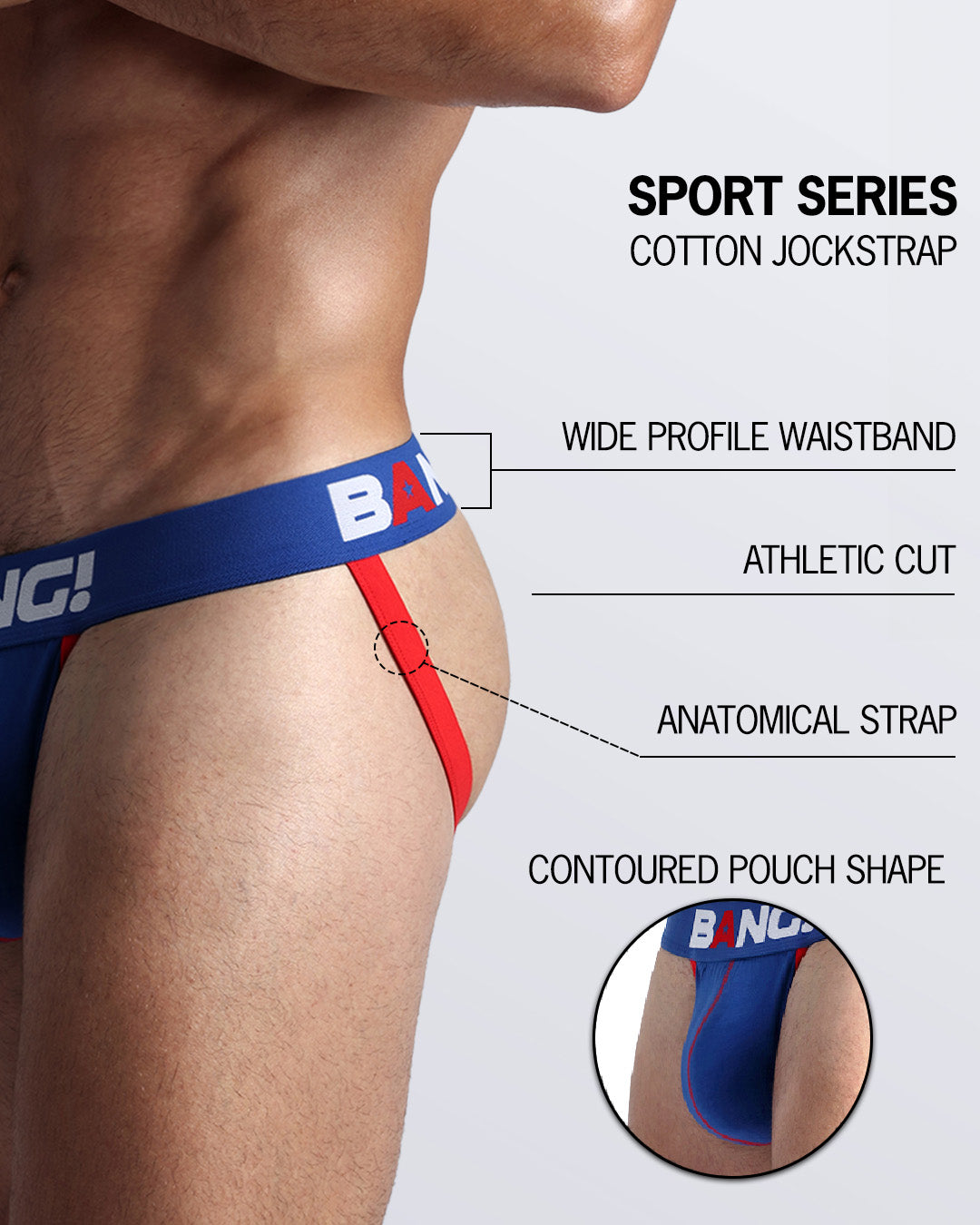 An infographic displays the premium quality of the Cotton Jockstrap Sport Series. It features a wide profile waistband, athletic cut, contoured pouch shape, and an anatomical strap.
