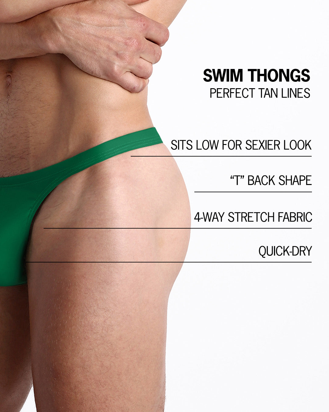 Infographic explaining the many features of the BANG! Clothes Swim Thongs. These Summer speedo fit men's swimsuit is perfect tanning, they sit low for sexier look, "T" back shape, 4-way stretch fabric, and are quick-dry.