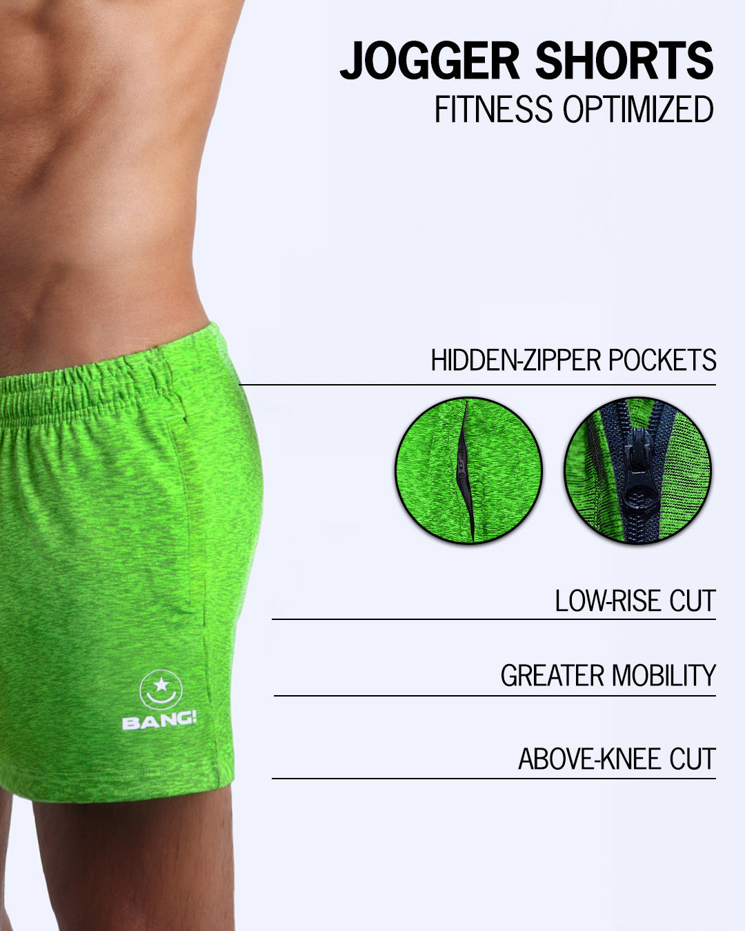 The BANG! GREENDURANCE Jogger Shorts - designed with sweat-wicking fabric to keep you cool and dry, hidden zipper pockets to keep your essentials safe, a low-rise cut for a comfortable fit, and an above-knee length for maximum mobility.