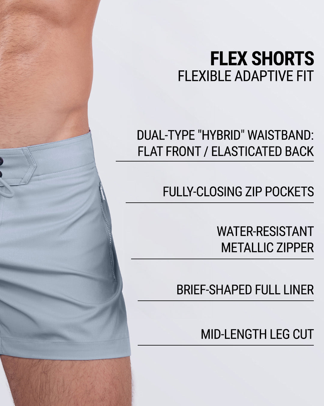 Close-up image emphasizing key features: dual-type hybrid waistband with a flat front and elasticated back, fully-closing zip pockets, water-resistant metallic zipper, brief-shaped full liner, and a mid-length leg cut.
