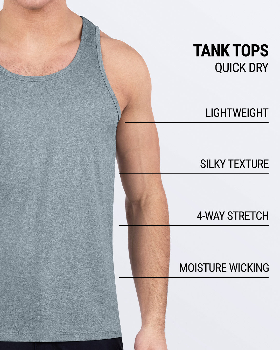 DC2 Grey Matters men’s gym tank top with features listed: quick-dry, moisture-wicking, 4-way stretch, silky feel, and ultra-lightweight for versatile fitness use.