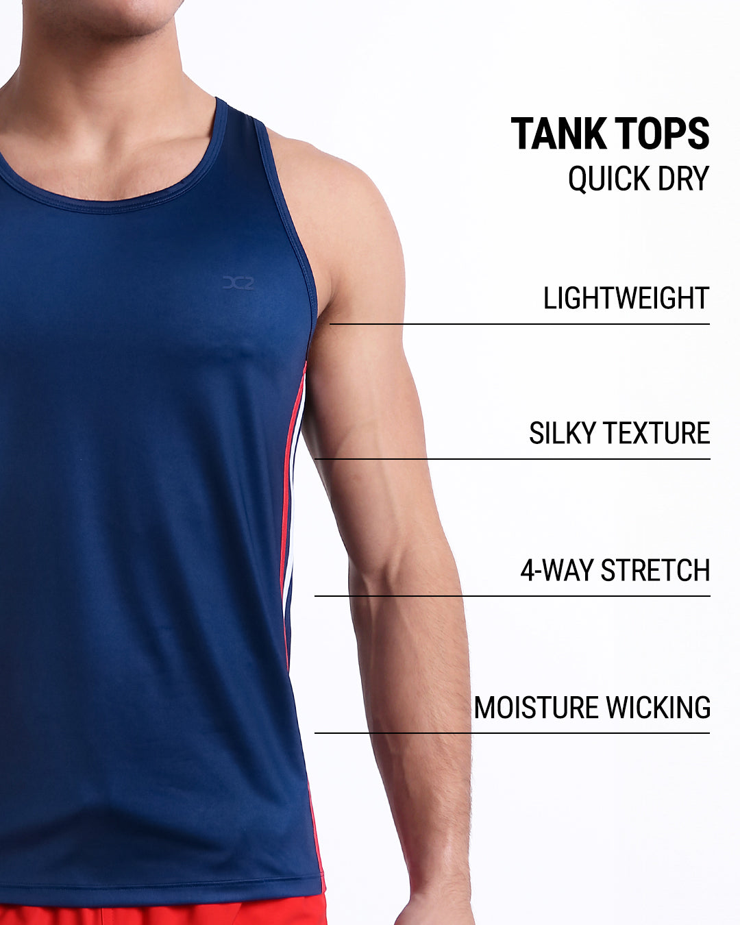 DC2 Imperial Blue Gym Tank Top — product graphic listing quick-dry, lightweight, silky texture, 4-way stretch, and moisture-wicking features.