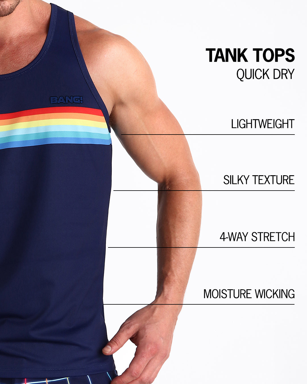 Infographic explaining how lightweight, silky texture, 4-way stretch, moisture wicking material of the BANG! clothes fitness tank top.