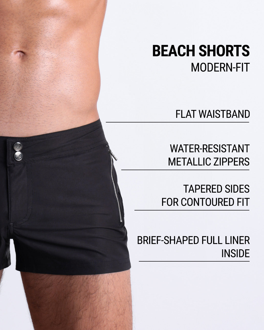 Infographic displaying the contemporary fit of DC2 Beach Shorts. These shorts feature a flat waistband, water-resistant metallic zippers, tapered sides for contoured fit, and a brief-shaped full liner inside.