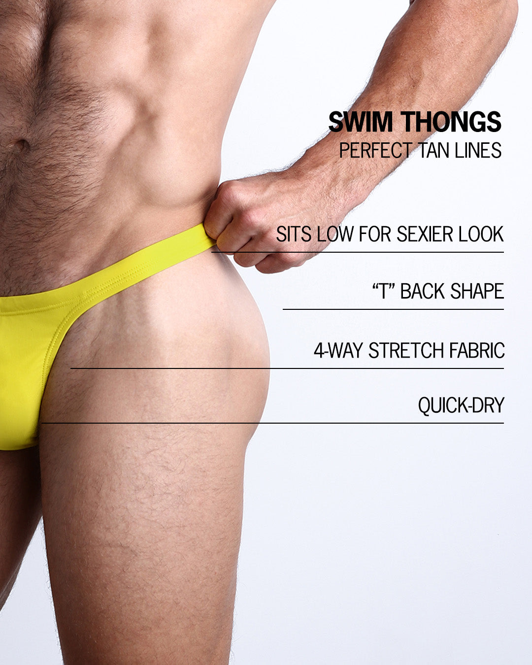 Infographic explaining the many features of the BANG! Clothes Swim Thongs. These Summer speedo fit men's swimsuit is perfect tanning, they sit low for sexier look, "T" back shape, 4-way stretch fabric, and are quick-dry.