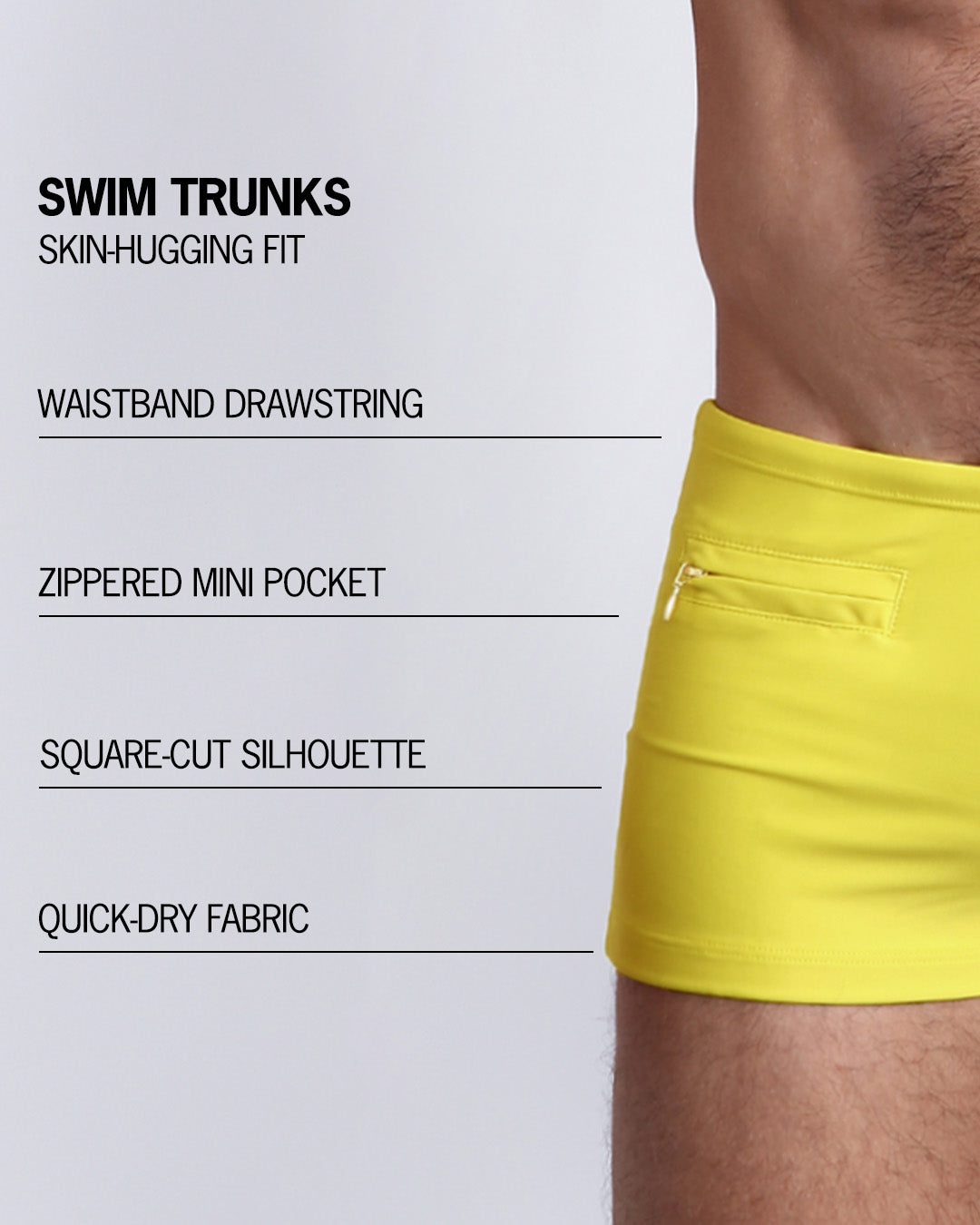 Infographic explaining the Swim Trunks swimming shorts by BANG! These Swim Trunks have a skin-hugging fit, have a wasitband drawstring, zippered mini pocket, square-cut silhouette and quick-dry fabric.