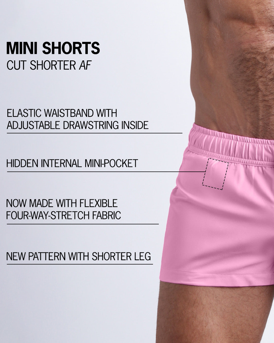 Infographic explaining the LA BEACH EN ROSE Mini Shorts features and how they're cut shorter. They have an elastic waistband with an adjustable drawstring inside, they have a hidden internal mini-pocket, now made with flexible four-way stretch fabric and a new pattern with shorter legs.