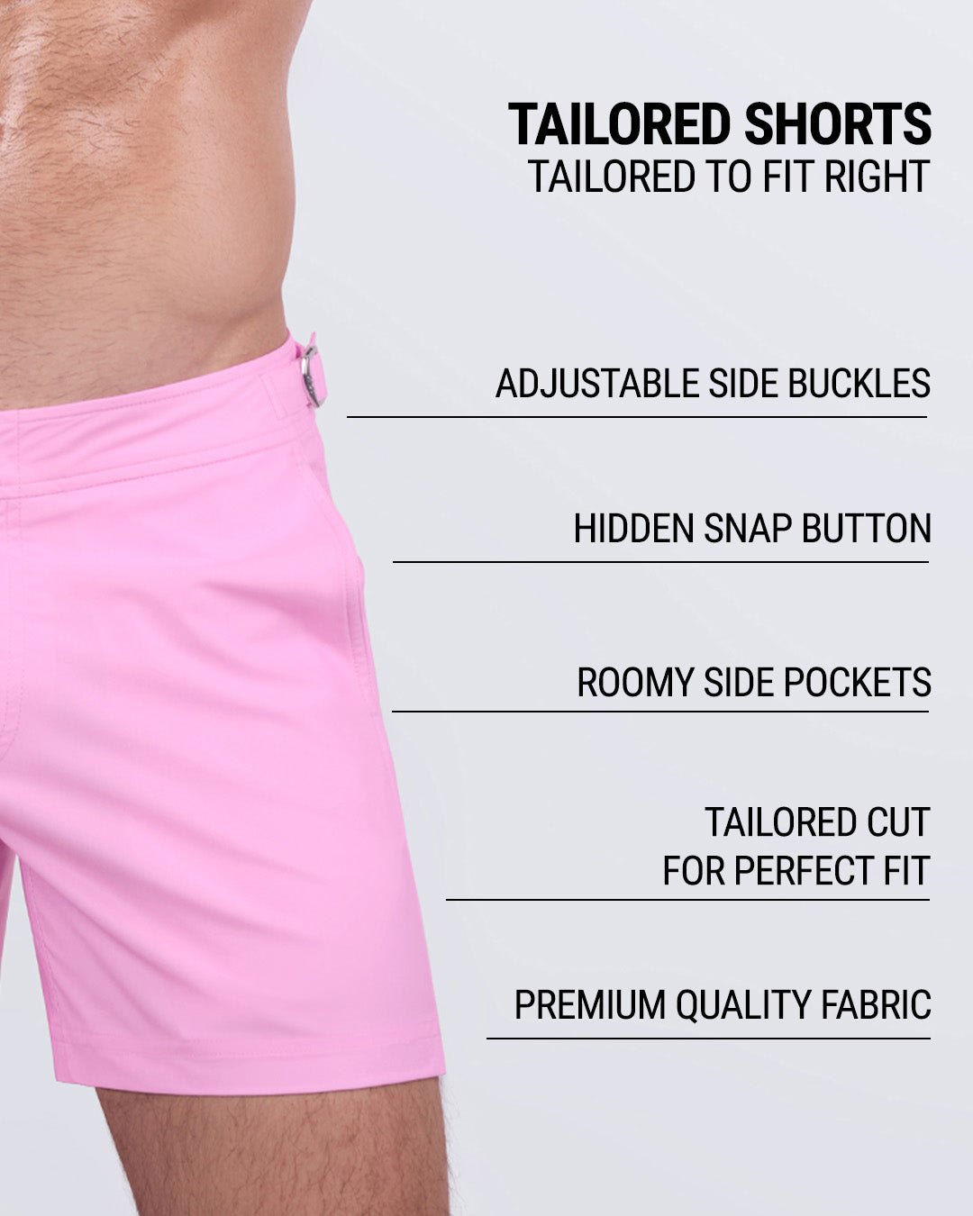 LA BEACH EN ROSE - Men's designer swim shorts in a tailored cut with roomy side pockets, quick-dry premium fabric, and a hidden snap button. A must-have for modern men’s resort wear and luxury swimwear.