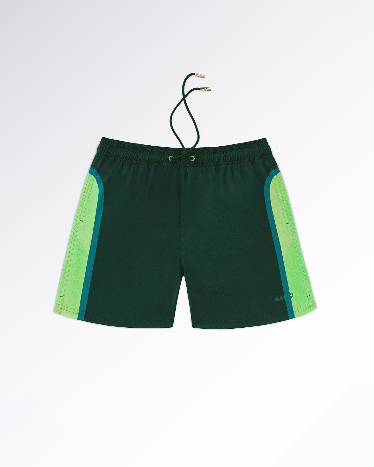 BANG! Miami Lines in Stereo Resort Shorts — flat lay of dark green resort shorts featuring gradient side panel detailing in lime and teal tones with relaxed drawstring styling.