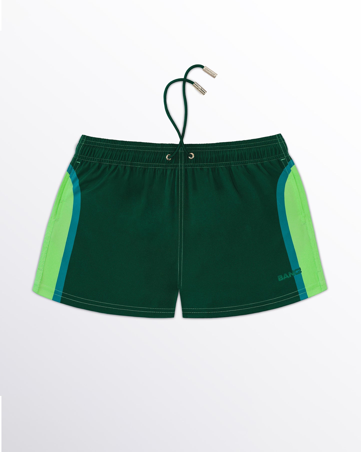 BANG! Miami Lines in Stereo Show Shorts — flat lay of dark green show shorts with lime and teal side panel stripes in a retro-inspired colorblock design.