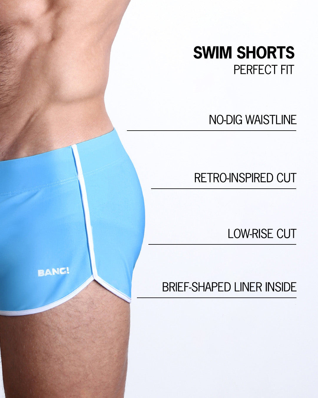 Infographics explaining how perfect the BANG! Clothes Swim Shorts in MAGNET BLUE are. They're top-grade thread, are quick-dry, have brief-shaped liner & have waist-band drawstring.