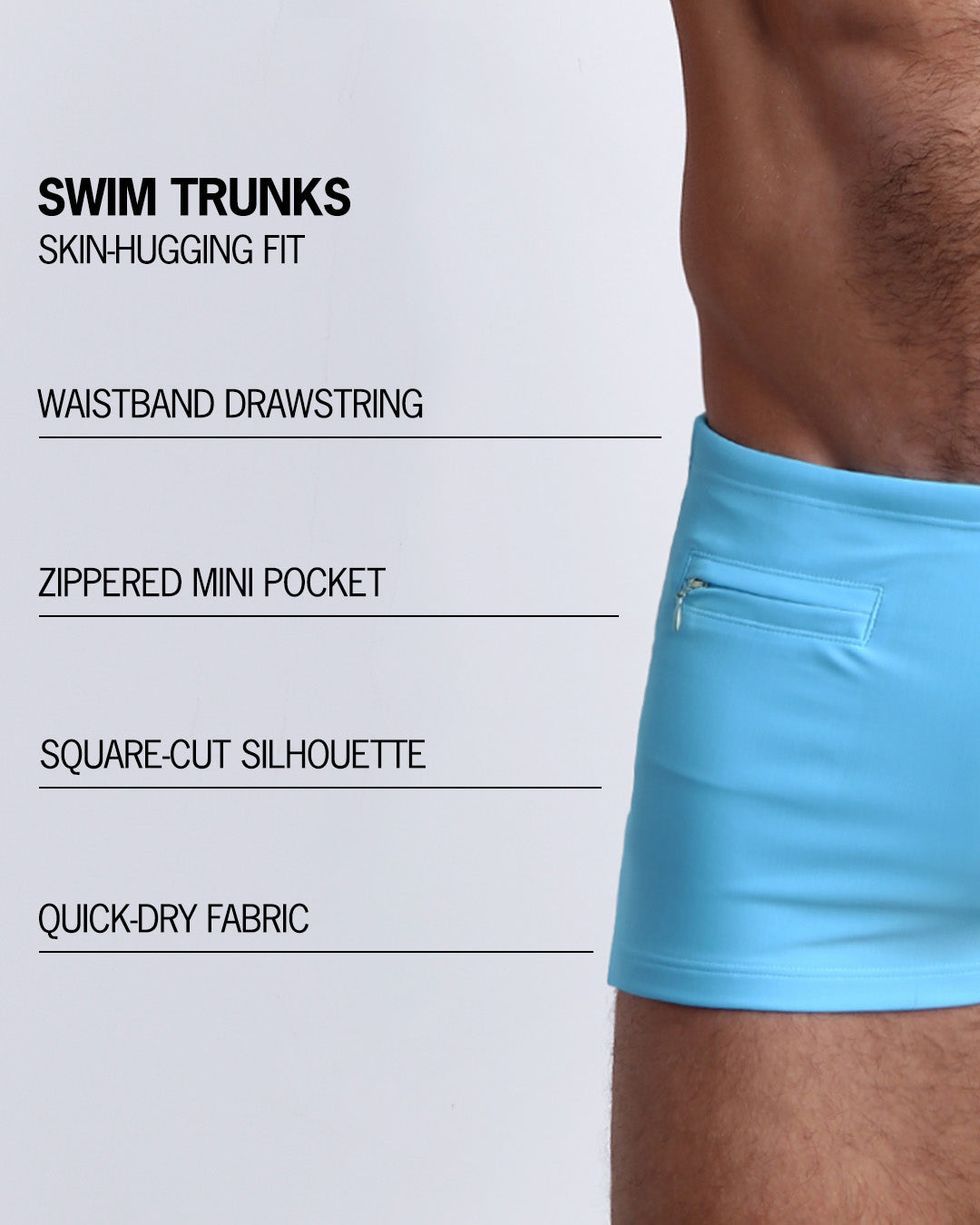 Infographic explaining the Brazilian Men's Swim Sunga remixed by BANG! These Swim Sunga are easy around the waist, are mid-length waist coverage, are tight aroung the legs, and have contoured-shape pouch.