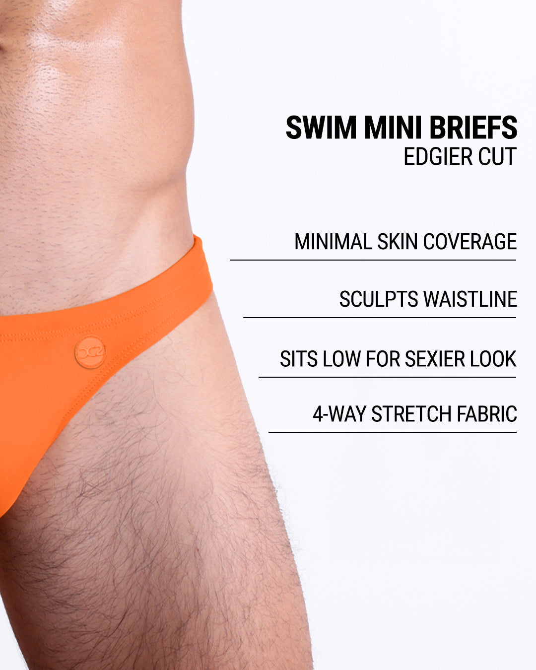 Infographic explaining the edgier cut of the Swim Mini Briefs. Features sculpt waistline, 4-way stretch fabric, sits low for sexier look, and has quick-dry material.