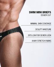 Infographic explaining the features of the MATRIX Swim Mini Brief made by BANG! Clothes. These edgier cut mens swimsuit are minimal skin coverage, sculpts waistline, sits low for sexier look, and 4-way stretch fabric.