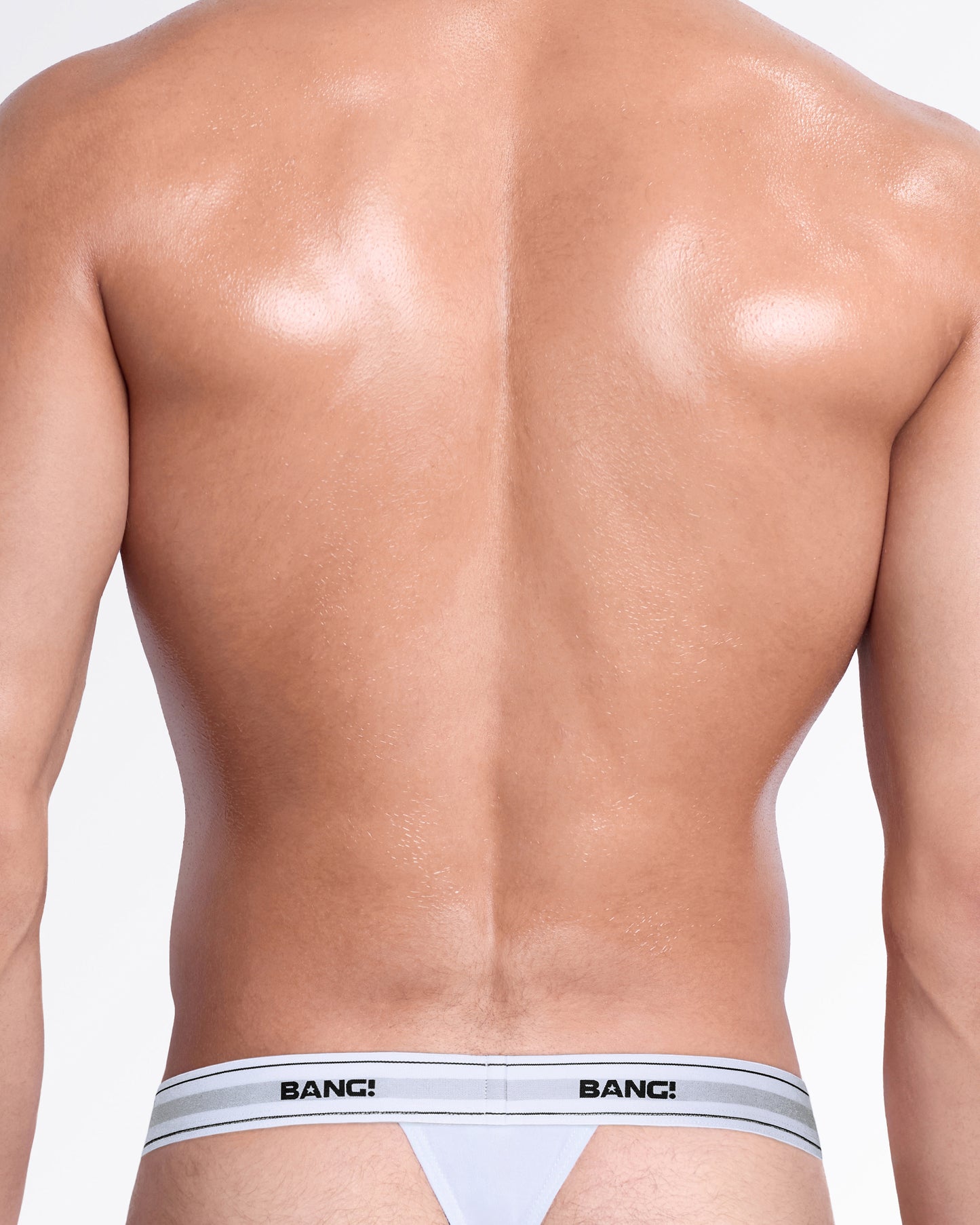 Back view of the Max White men's cotton modal thong, highlighting the supportive T-back design, soft stretch fabric, and branded BANG! waistband.
