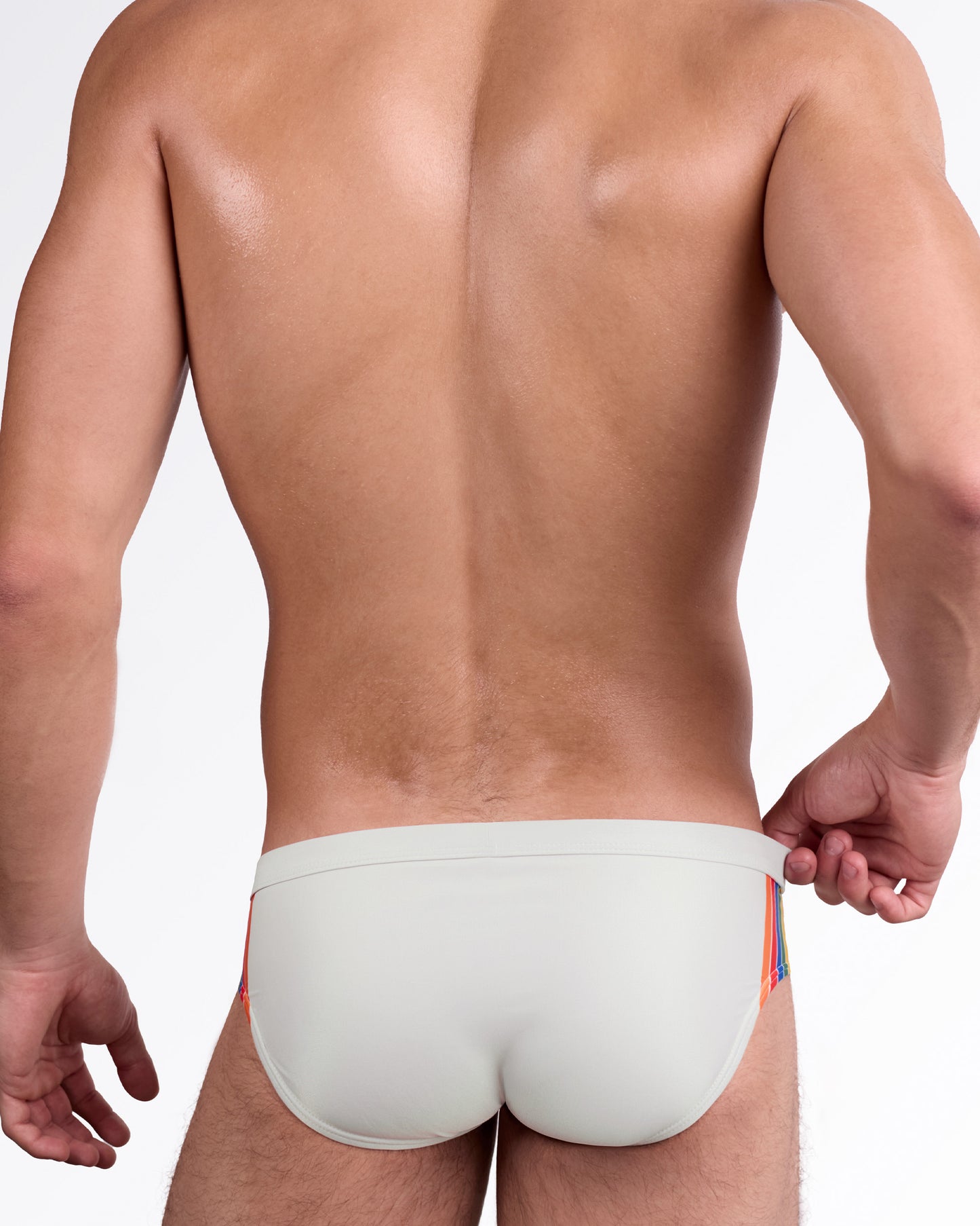 DC2 Mixtape Stripes Swim Brief — back view showing full coverage rear, smooth contouring fit, and signature multicolor stripe detailing at the hips.