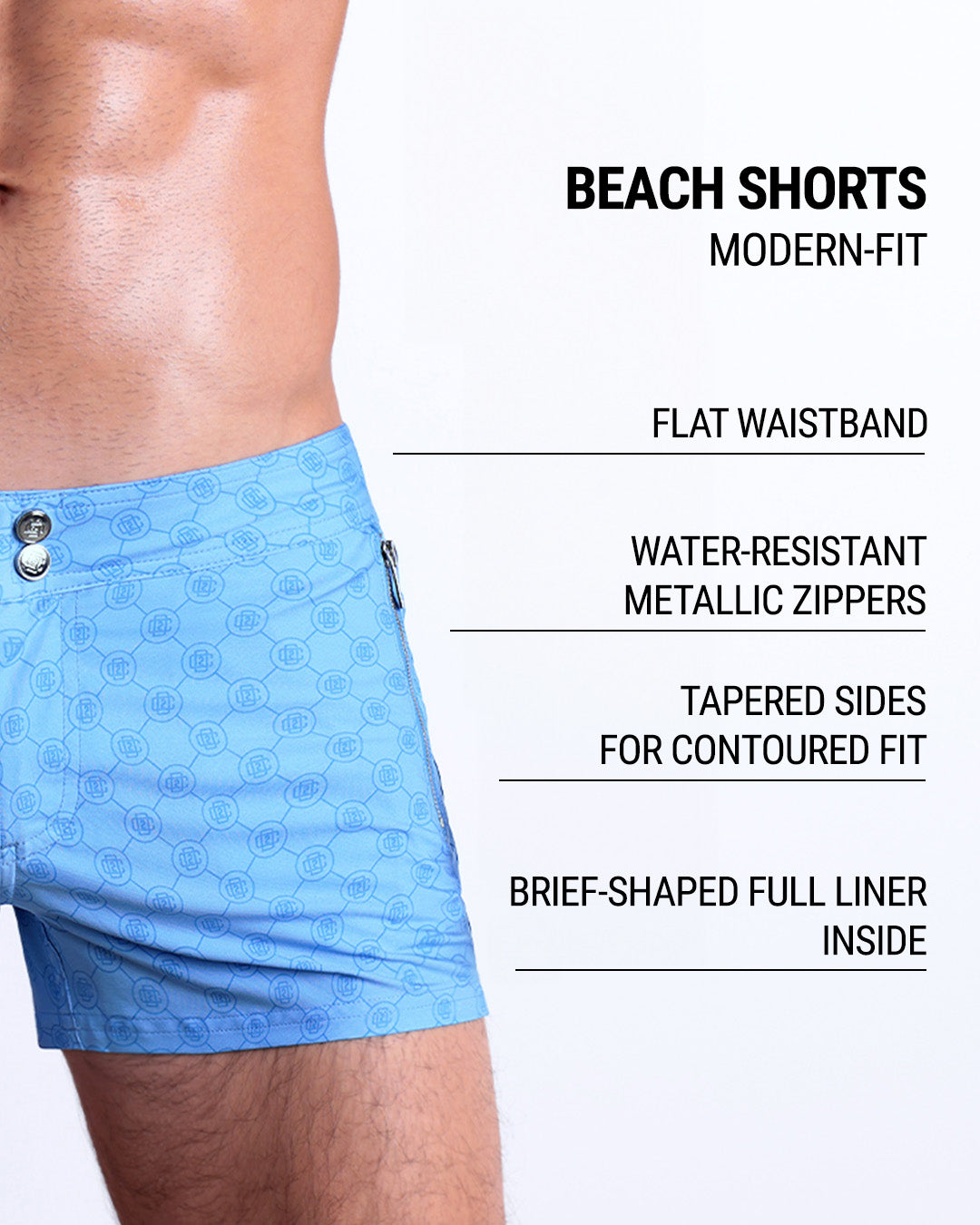 Infographic displaying the contemporary fit of DC2 Beach Shorts. These shorts feature a flat waistband, water-resistant metallic zippers, tapered sides for contoured fit, and a brief-shaped full liner inside.