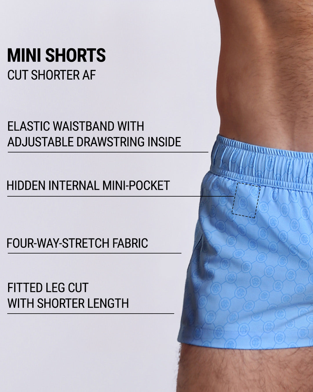 Infographic explaining the many features of the MONO BLUE Mini Shorts. These MINI SHORTS have elastic waistband with adjustable drawstring inside, hidden internal mini-pocket, 4-way stretch fabric, and are quad friendly with shorter leg length.