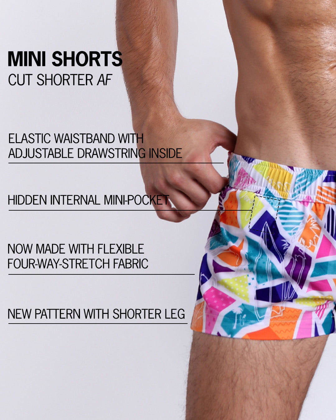 Infographic explaining the many features of Bang!'s Mini Shorts. These MINI SHORTS have elastic waistband with adjustable drawstring inside, hidden internal mini-pocket, 4-way stretch fabric, and are quad friendly with shorter leg length.