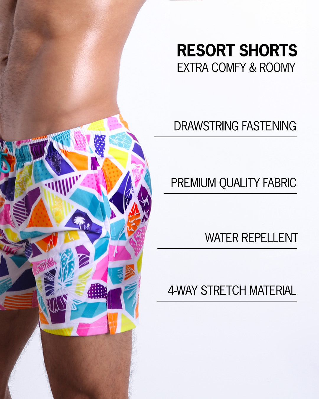Infographic explaining how extra comfy and roomy Resort Shorts. They have drawstring fastening, quality fabric, quick-dry, water repellent, 4-way stretch material features of the resort shorts.