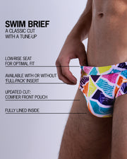 Infographic explaining the classic cut with a tune-up MOSAIC Swim Brief by BANG! Clothes. These men swimsuit is low-rise seat for optimal fit, available with or without 'Full-Pack' insert, comfier front pouch, and fully lined inside.