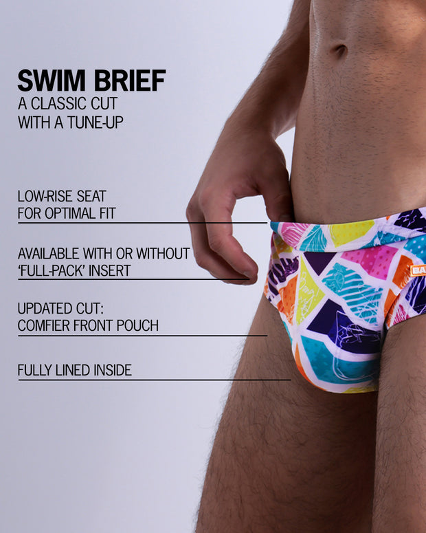 Infographic explaining the classic cut with a tune-up MOSAIC Swim Brief by BANG! Clothes. These men swimsuit is low-rise seat for optimal fit, available with or without &