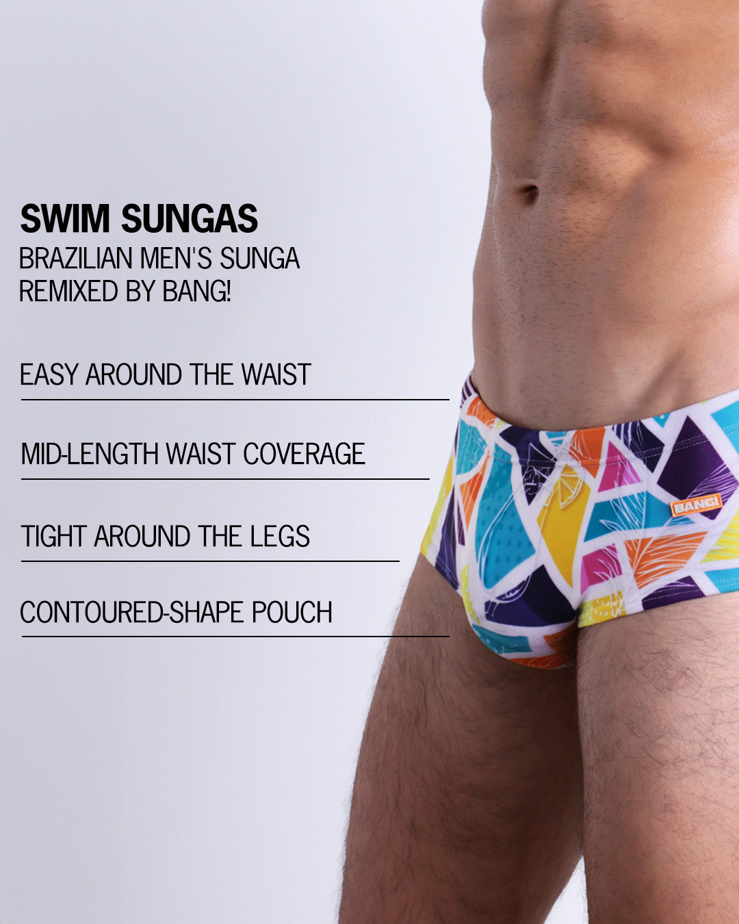 Infographic explaining the Brazilian Men's Swim Sunga remixed by BANG! These Swim Sunga are easy around the waist, are mid-length waist coverage, are tight aroung the legs, and have contoured-shape pouch.