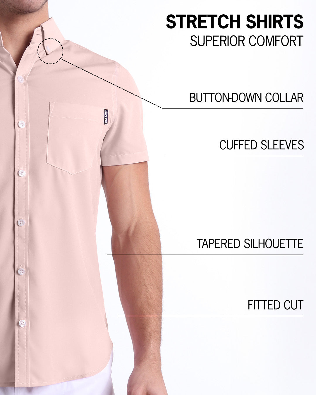 An infographic explaining the features of the men’s sleeveless Hawaiian Stretch Shirt. The shirt offers superior comfort, a fitted cut, tapered silhouette, cuffed sleeves, and a button-down collar.