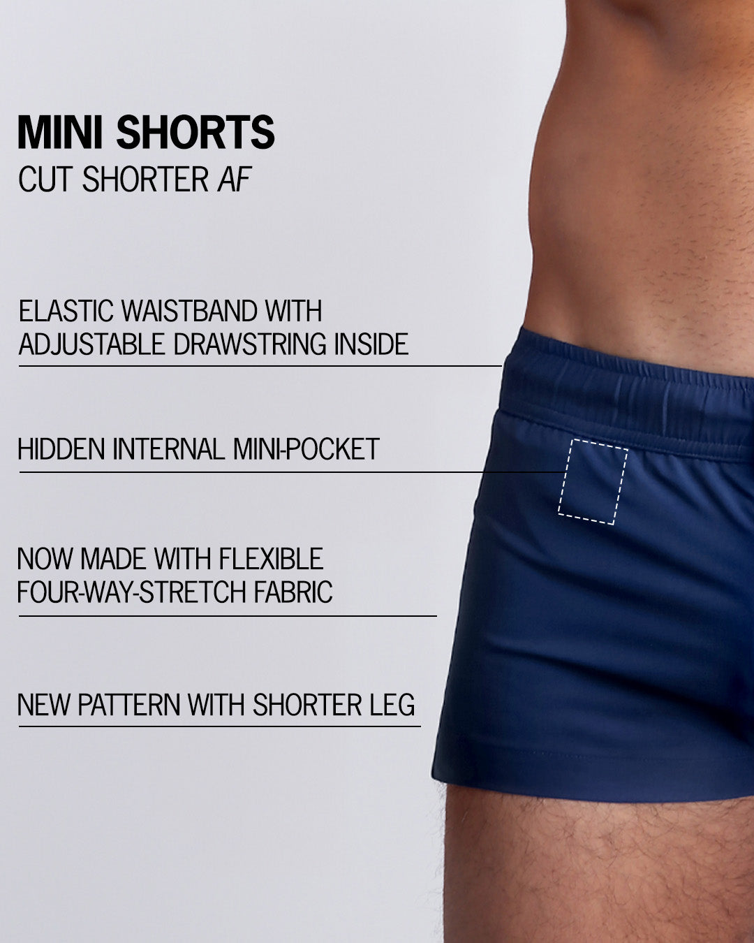 Infographic explaining the many features of the NAVY BOOMER Mini Shorts. These MINI SHORTS have elastic waistband with adjustable drawstring inside, hidden internal mini-pocket, 4-way stretch fabric, and are quad friendly with fitted leg cut with shorter leg length.