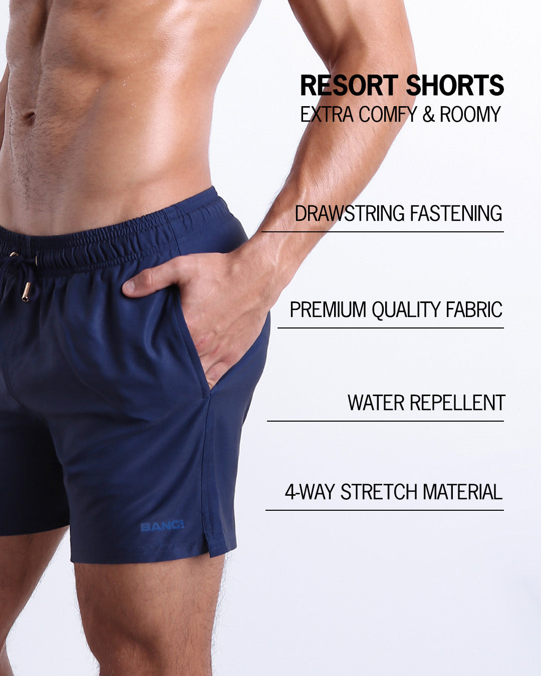 Infographic explaining how extra comfy and roomy Resort Shorts. They have drawstring fastening, quality fabric, quick-dry, water repellent, 4-way stretch material features of the resort shorts.