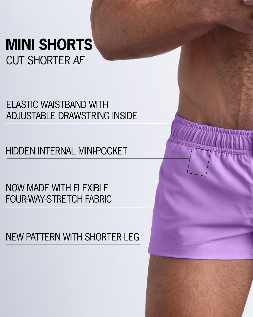 Infographic explaining the NEO VIOLET Mini Shorts features and how they're cut shorter. They have an elastic waistband with an adjustable drawstring inside, they have a hidden internal mini-pocket, now made with flexible four-way stretch fabric and a new pattern with shorter legs.