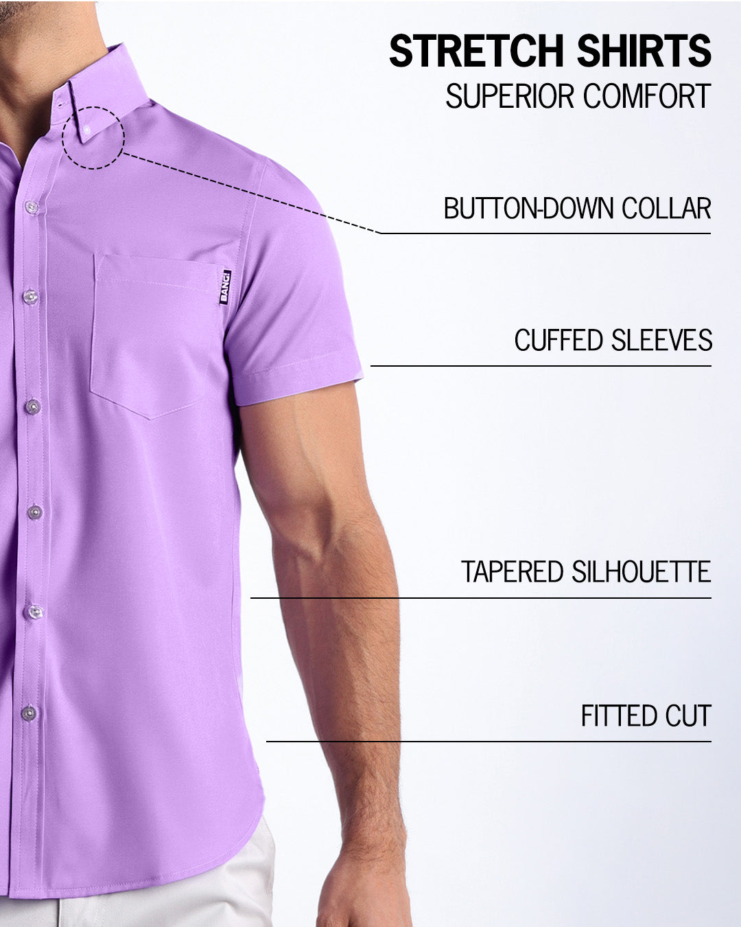 An infographic explaining the features of the men’s sleeveless Hawaiian Stretch Shirt. The shirt offers superior comfort, a fitted cut, tapered silhouette, cuffed sleeves, and a button-down collar.