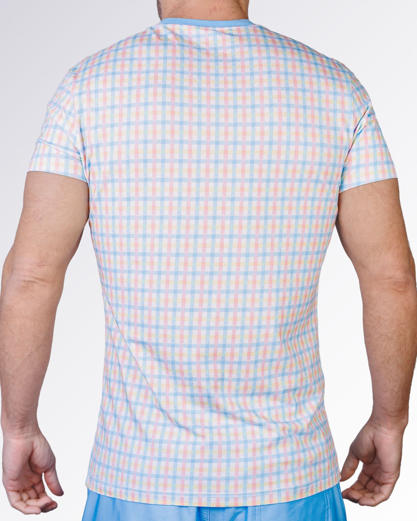 Back view of the Ocean Drive Check Cotton Graphic T-Shirt by DC2 Miami featuring an all-over pastel check pattern in blue, pink and yellow.